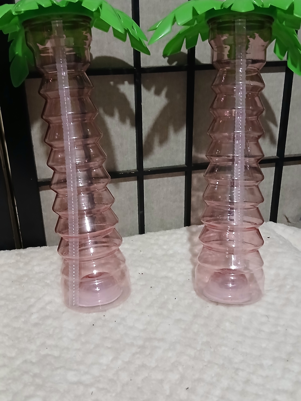 Pink Palm-Top Plastic Tumbler with Green Leaf Lid